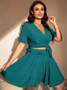 SHEIN Swim Curve Plus Size Knot Side Tankini With Beach Skirt Summer Beach - Teal Blue - View 3