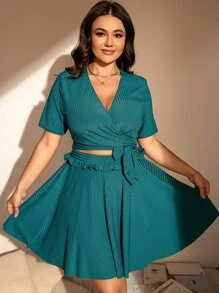 SHEIN Swim Curve Plus Size Knot Side Tankini With Beach Skirt Summer Beach - Teal Blue - View 4