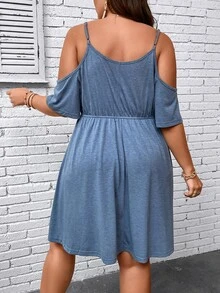 SHEIN LUNE Vestido línea A de hombros descubiertos - Neblina azul - Ver 4