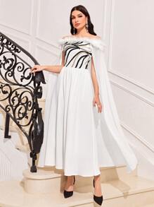 Modelyn Đầm Tương phản lông thú giả Dây kéo Sọc ngựa vằn Buổi tiệc - trắng - Xem 1