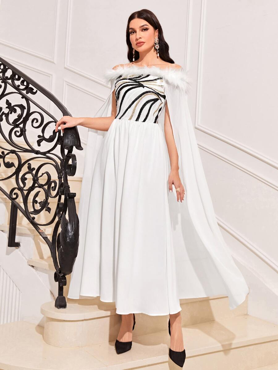 Modelyn Đầm Tương phản lông thú giả Dây kéo Sọc ngựa vằn Buổi tiệc - trắng - Xem 1