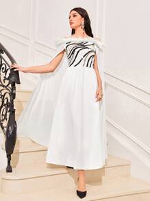 Modelyn Đầm Tương phản lông thú giả Dây kéo Sọc ngựa vằn Buổi tiệc - trắng - Xem 5