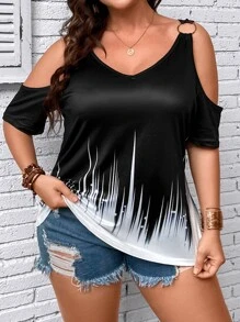 SHEIN LUNE Áo thun Plus size Cắt ra Nhẫn Khối Màu Giải trí - Đen và trắng - Xem 3