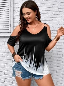 SHEIN LUNE Áo thun Plus size Cắt ra Nhẫn Khối Màu Giải trí - Đen và trắng - Xem 5