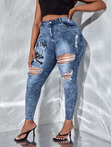 SHEIN Plus Letter Graphic Ripped Skinny Jeans - Medium Wash - View 5