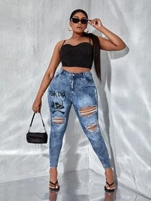 SHEIN Plus Letter Graphic Ripped Skinny Jeans - Medium Wash - View 6