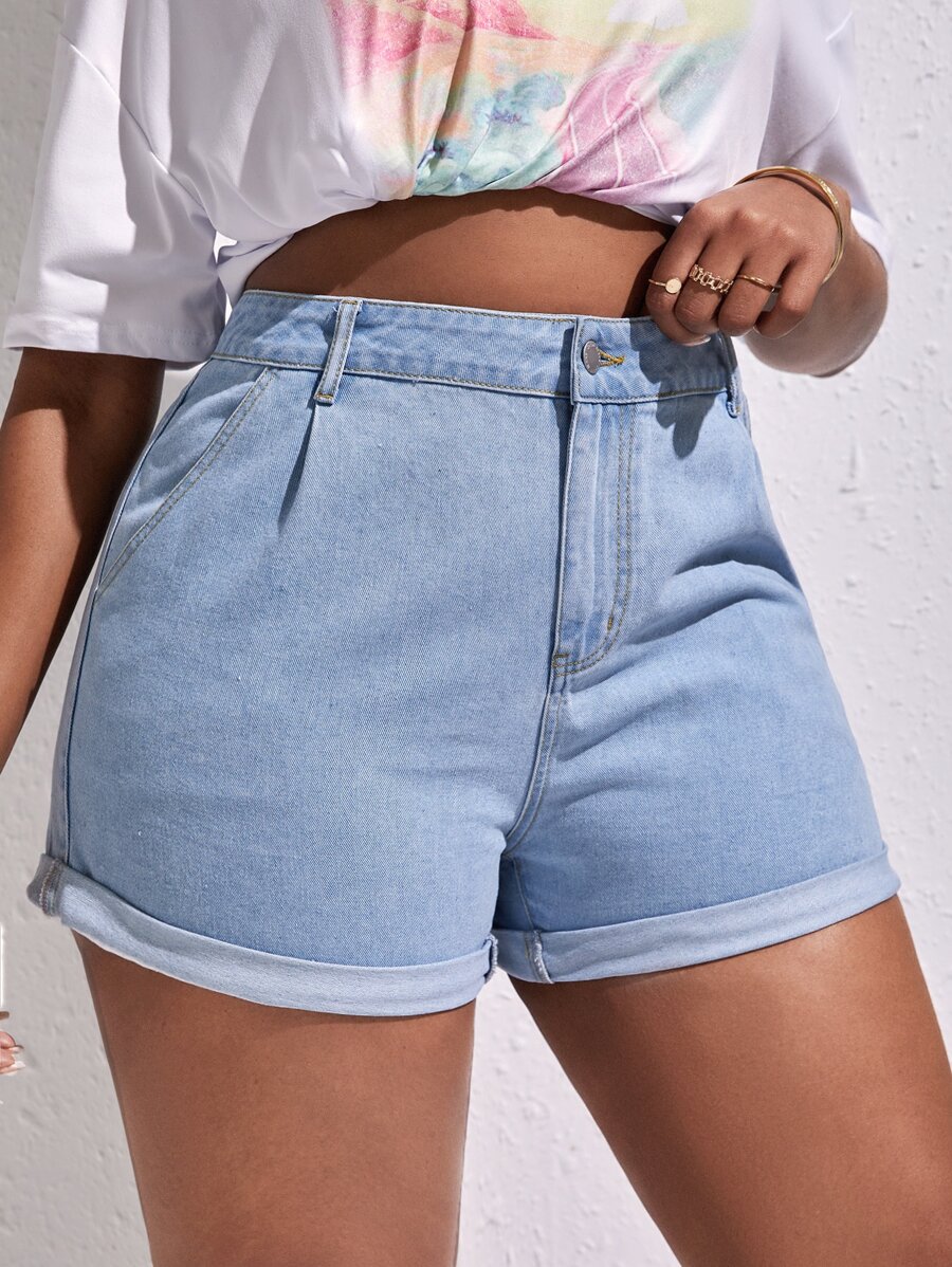 SHEIN SXY 大碼高腰卷邊牛仔短褲 - 淺色水洗藍 - 查看 1