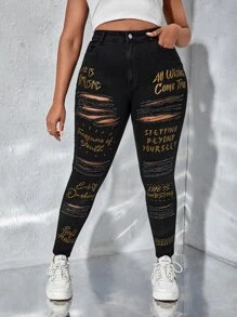 SHEIN SXY 大碼標語圖案破洞緊身牛仔褲 - 黑色 - 查看 1