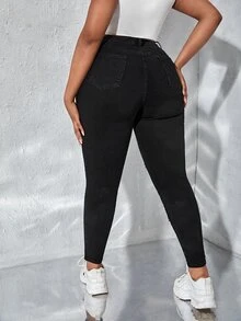 SHEIN SXY 大碼標語圖案破洞緊身牛仔褲 - 黑色 - 查看 2