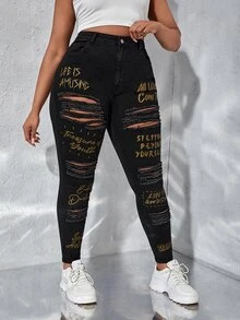 SHEIN SXY 大碼標語圖案破洞緊身牛仔褲 - 黑色 - 查看 3