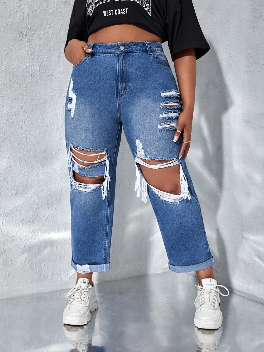 SHEIN SXY Plus Ripped Straight Leg Jeans - Medium Wash - View 1