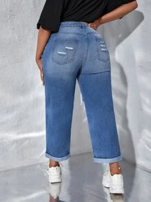 SHEIN SXY Plus Ripped Straight Leg Jeans - Medium Wash - View 2