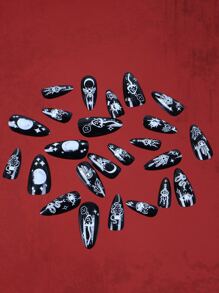 ROMWE 24pcs Almond Hamsa Hand Pattern Fake Nail & 1sheet Tape - Black and White - View 2