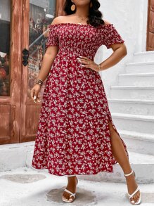 SHEIN Holidaya Plus Ditsy Floral Print Off Shoulder Split Thigh Dress - Burgundy - View 1