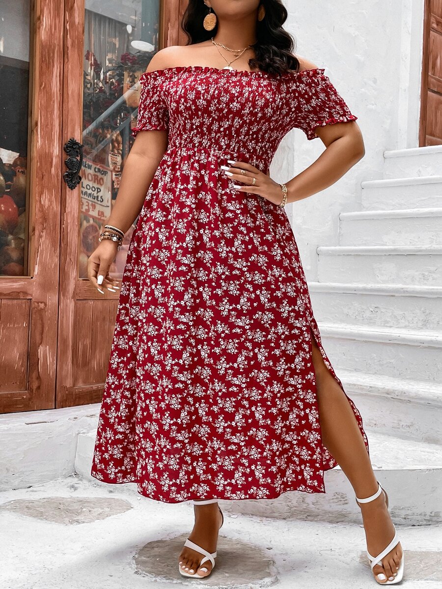 SHEIN Holidaya Plus Ditsy Floral Print Off Shoulder Split Thigh Dress - Burgundy - View 1