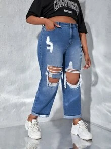 SHEIN SXY Plus Ripped Straight Leg Jeans - Medium Wash - View 3