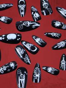 ROMWE 24pcs Almond Hamsa Hand Pattern Fake Nail & 1sheet Tape - Black and White - View 3