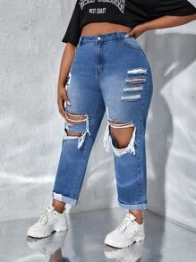 SHEIN SXY Plus Ripped Straight Leg Jeans - Medium Wash - View 4