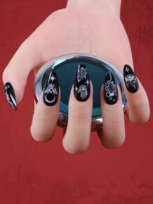 ROMWE 24pcs Almond Hamsa Hand Pattern Fake Nail & 1sheet Tape - Black and White - View 4