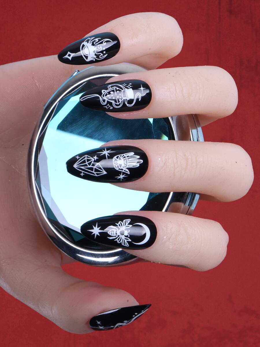 ROMWE 24pcs Almond Hamsa Hand Pattern Fake Nail & 1sheet Tape - Black and White - View 1