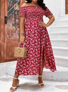 SHEIN Holidaya Plus Ditsy Floral Print Off Shoulder Split Thigh Dress - Burgundy - View 3