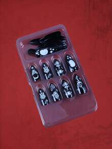 ROMWE 24pcs Almond Hamsa Hand Pattern Fake Nail & 1sheet Tape - Black and White - View 5