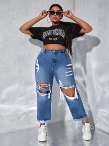 SHEIN SXY Plus Ripped Straight Leg Jeans - Medium Wash - View 5