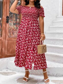 SHEIN Holidaya Plus Ditsy Floral Print Off Shoulder Split Thigh Dress - Burgundy - View 4