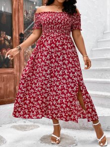 SHEIN Holidaya Plus Ditsy Floral Print Off Shoulder Split Thigh Dress - Burgundy - View 5