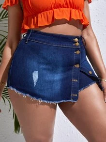 SHEIN SXY Plus Ripped Raw Cut Denim Skort - Dark Wash - View 3