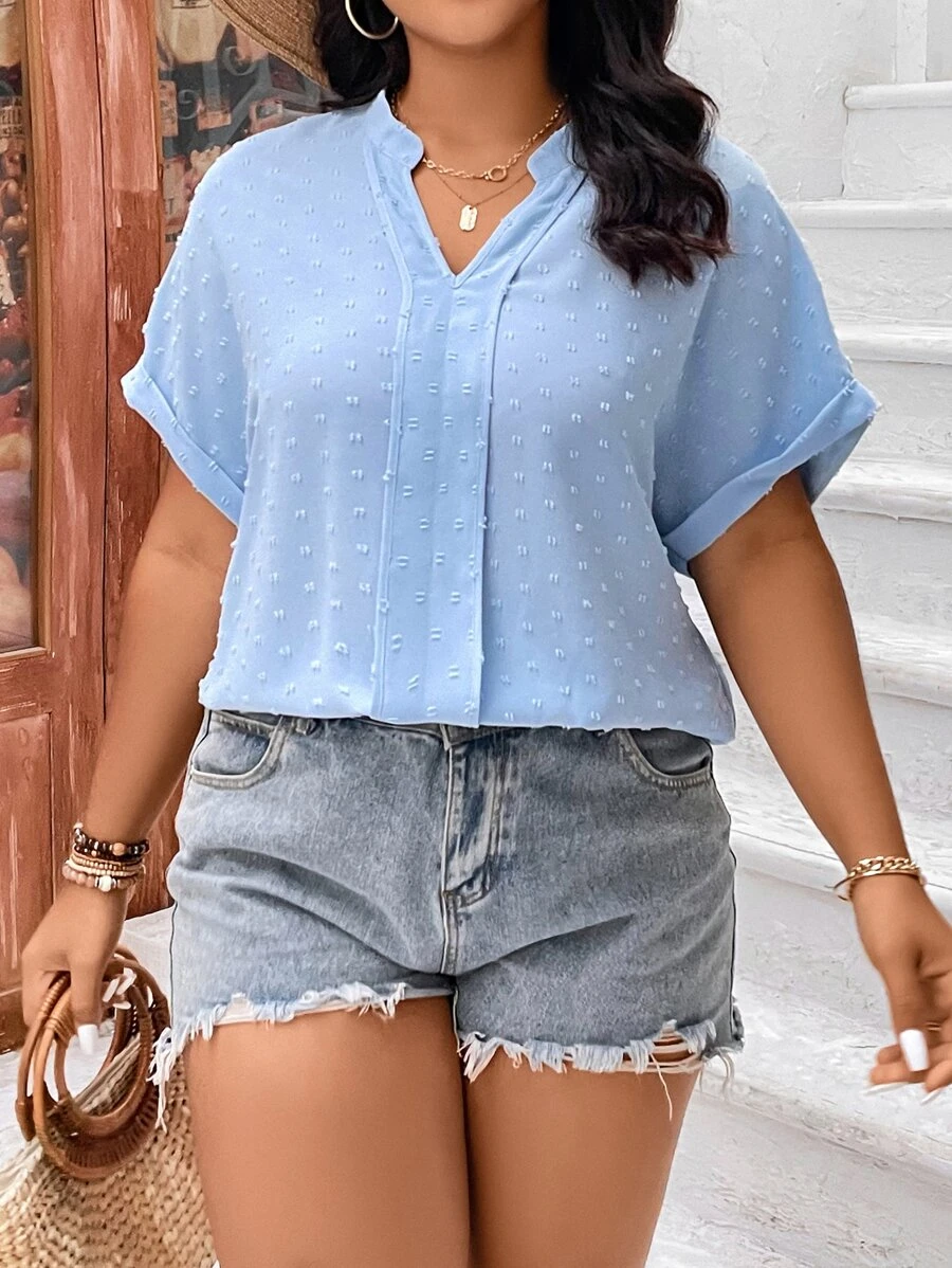 SHEIN LUNE Plus Swiss Dot Notched Neck Batwing Sleeve Blouse - Baby Blue - View 1