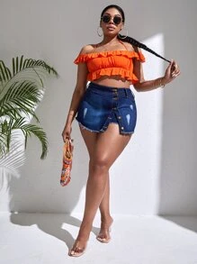 SHEIN SXY Plus Ripped Raw Cut Denim Skort - Dark Wash - View 4