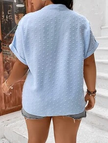 SHEIN LUNE Plus Swiss Dot Notched Neck Batwing Sleeve Blouse - Baby Blue - View 2