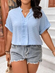 SHEIN LUNE Plus Swiss Dot Notched Neck Batwing Sleeve Blouse - Baby Blue - View 3