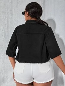 SHEIN SXY Plus Ripped Raw Hem Denim Jacket - Black - View 2