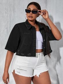 SHEIN SXY Plus Ripped Raw Hem Denim Jacket - Black - View 3