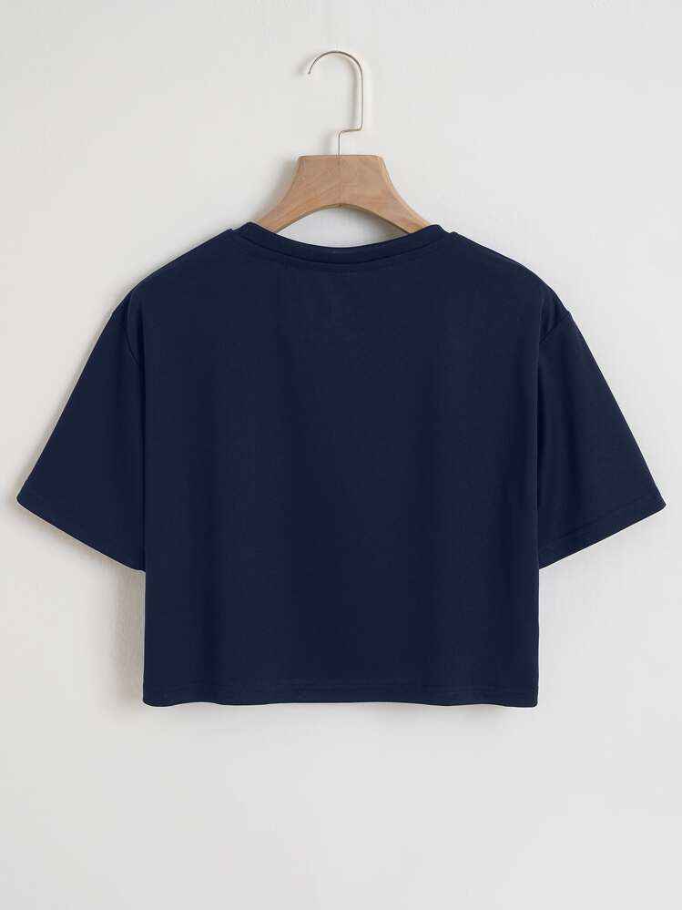 INAWLY Colorblock Crop Tee Graphic Tees Women Tops - Navy Blue - View 2