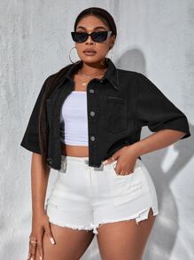 SHEIN SXY Plus Ripped Raw Hem Denim Jacket - Black - View 4