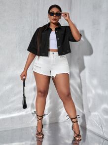 SHEIN SXY Plus Ripped Raw Hem Denim Jacket - Black - View 5