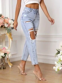 SHEIN Essnce Cut Out Ripped Mom Fit Jeans - Light Wash - View 4