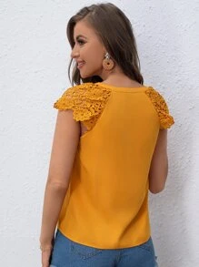 SHEIN Clasi 拼接水溶蕾絲插肩袖襯衫 - 芥末黃 - 查看 2