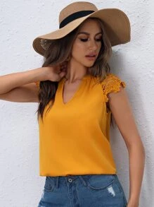 SHEIN Clasi 拼接水溶蕾絲插肩袖襯衫 - 芥末黃 - 查看 4