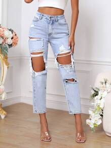 SHEIN Essnce Cut Out Ripped Mom Fit Jeans - Light Wash - View 6