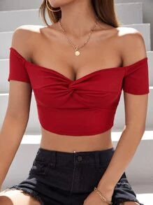 SHEIN PETITE 一字肩前扭結短款T恤 - 酒紅色 - 查看 6