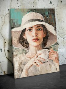 1 件波西米亞風格咖啡館藝術帆布畫印刷海報展示一個戴著白帽子拿著一杯咖啡的女孩適合咖啡館牆壁裝飾帶框架客廳廚房家居藝術裝飾 - 彩色 - 查看 1