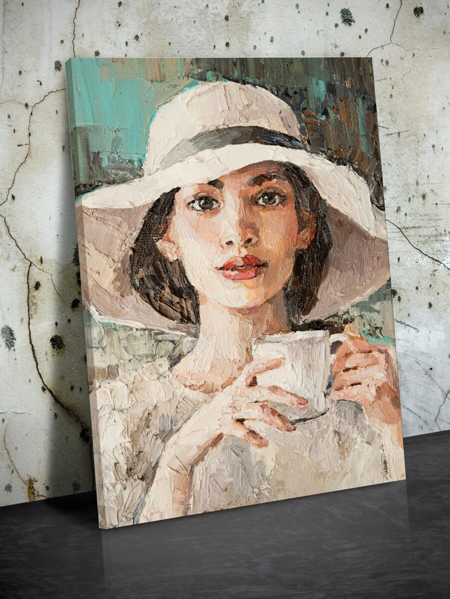 1 件波西米亞風格咖啡館藝術帆布畫印刷海報展示一個戴著白帽子拿著一杯咖啡的女孩適合咖啡館牆壁裝飾帶框架客廳廚房家居藝術裝飾 - 彩色 - 查看 1