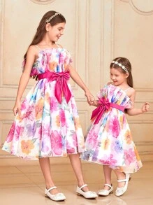 SHEIN 小女童1入組印花腰帶網紗吊帶連衣裙 - 彩色 - 查看 3