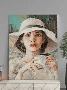 1 件波西米亞風格咖啡館藝術帆布畫印刷海報展示一個戴著白帽子拿著一杯咖啡的女孩適合咖啡館牆壁裝飾帶框架客廳廚房家居藝術裝飾 - 彩色 - 查看 2