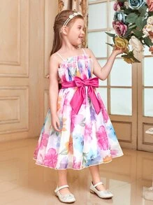 SHEIN 小女童1入組印花腰帶網紗吊帶連衣裙 - 彩色 - 查看 4