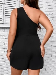 SHEIN Clasi 大碼單肩鏤空褶邊連身短褲 - 黑色 - 查看 2